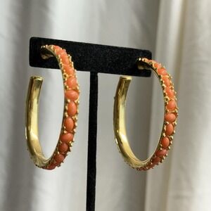 Vintage Kennth Jay Lane Hoop Gold Tone Orange Coral Cabochon Earrings KJL 2"